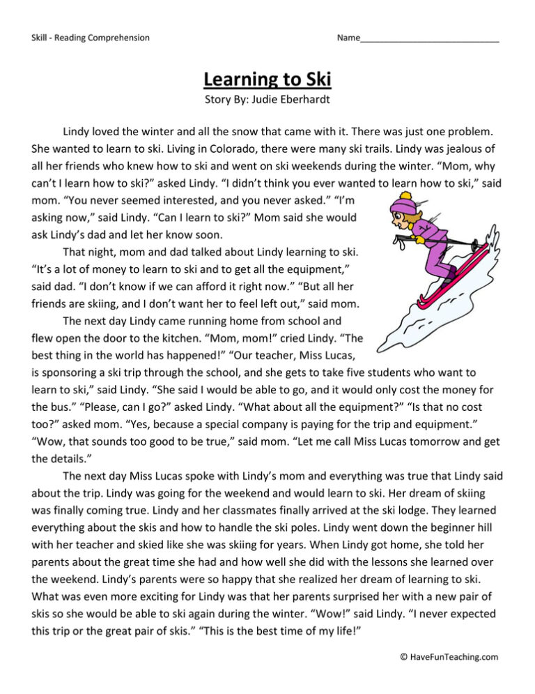 Learning to Ski Reading Comprehension Worksheet