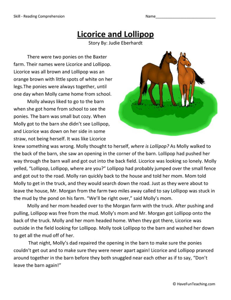 Licorice and Lollipop Reading Comprehension Worksheet