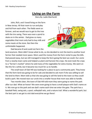 Living On the Farm Reading Comprehension Worksheet