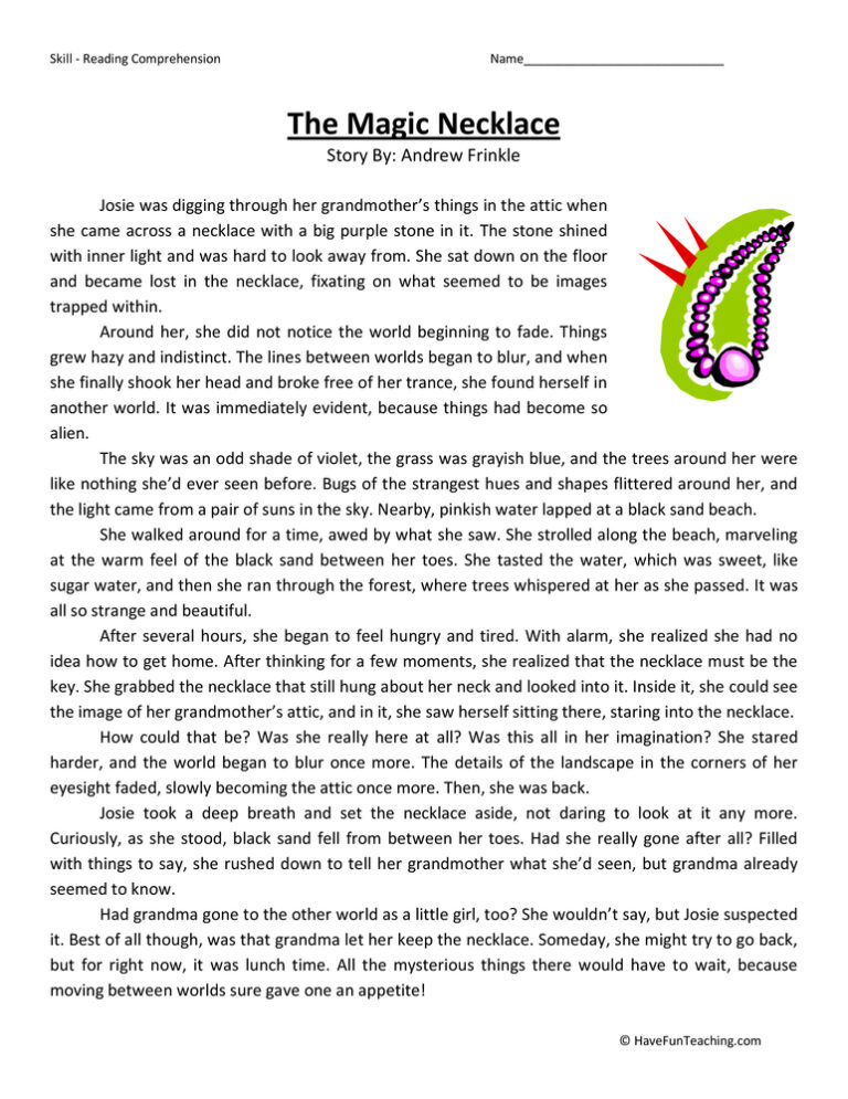 Magic Necklace Reading Comprehension Worksheet