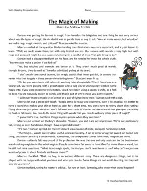 Magic of Making Reading Comprehension Worksheet