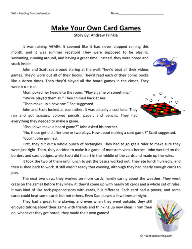 Make Your Own Card Games Reading Comprehension Worksheet