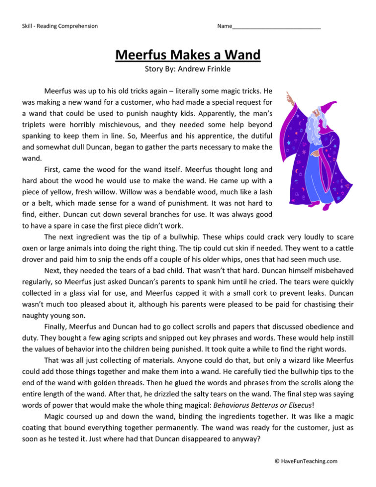 Meerfus Makes a Wand Reading Comprehension Worksheet