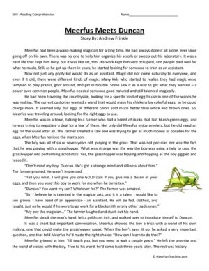 Meerfus Meets Duncan Reading Comprehension Worksheet