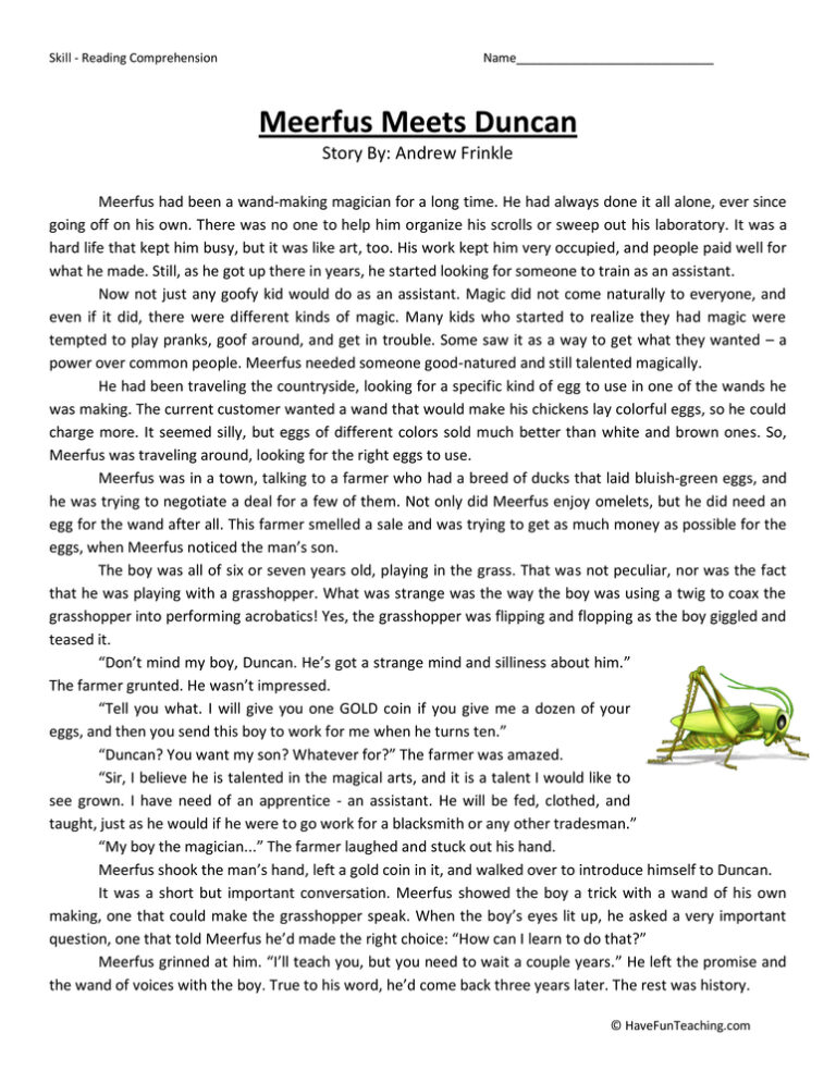 Meerfus Meets Duncan Reading Comprehension Worksheet