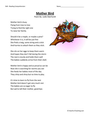 Mother Bird Reading Comprehension Worksheet