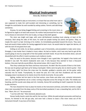 Musical Instruments Reading Comprehension Worksheet