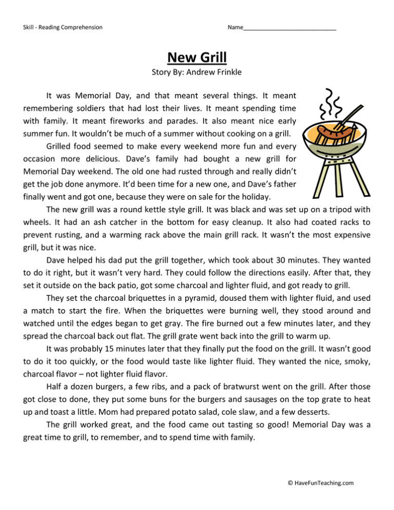 New Grill Reading Comprehension Worksheet