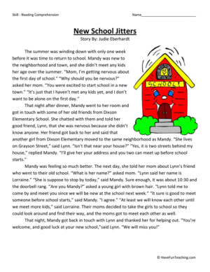 New School Jitters Reading Comprehension Worksheet