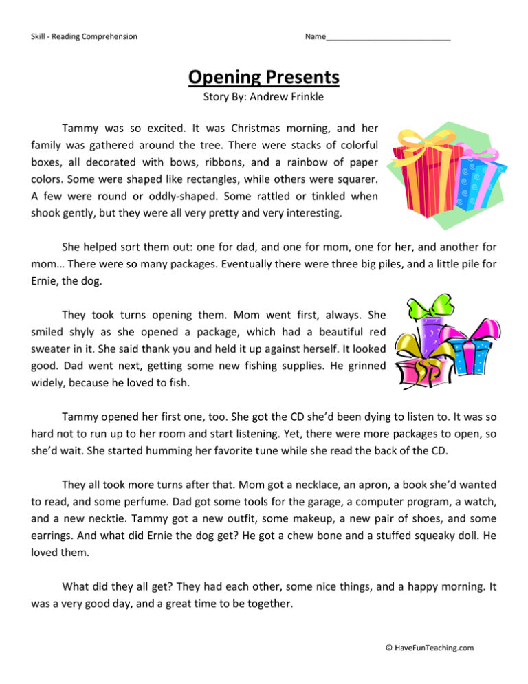Opening Presents Reading Comprehension Worksheet