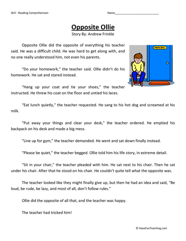 Opposite Ollie Reading Comprehension Worksheet