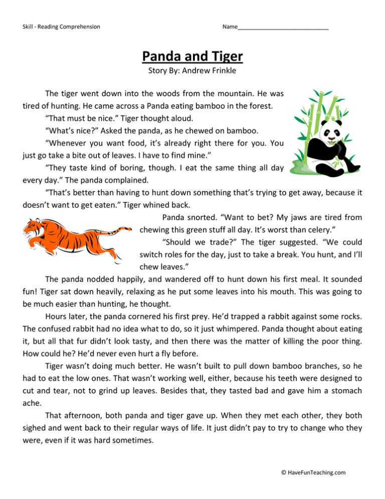 Panda and Tiger Reading Comprehension Worksheet