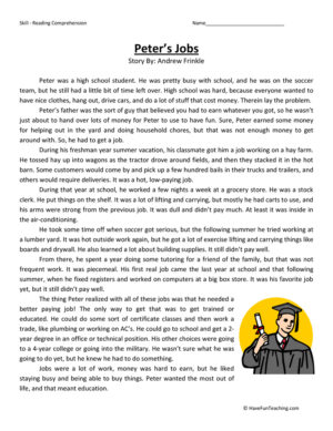 Peter's Jobs Reading Comprehension Worksheet