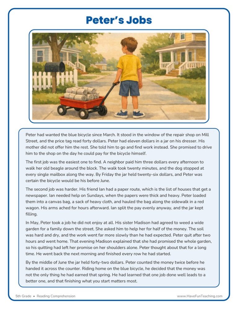 Peter's Jobs Reading Comprehension Worksheet
