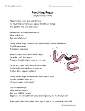 Revolting Roger Reading Comprehension Worksheet