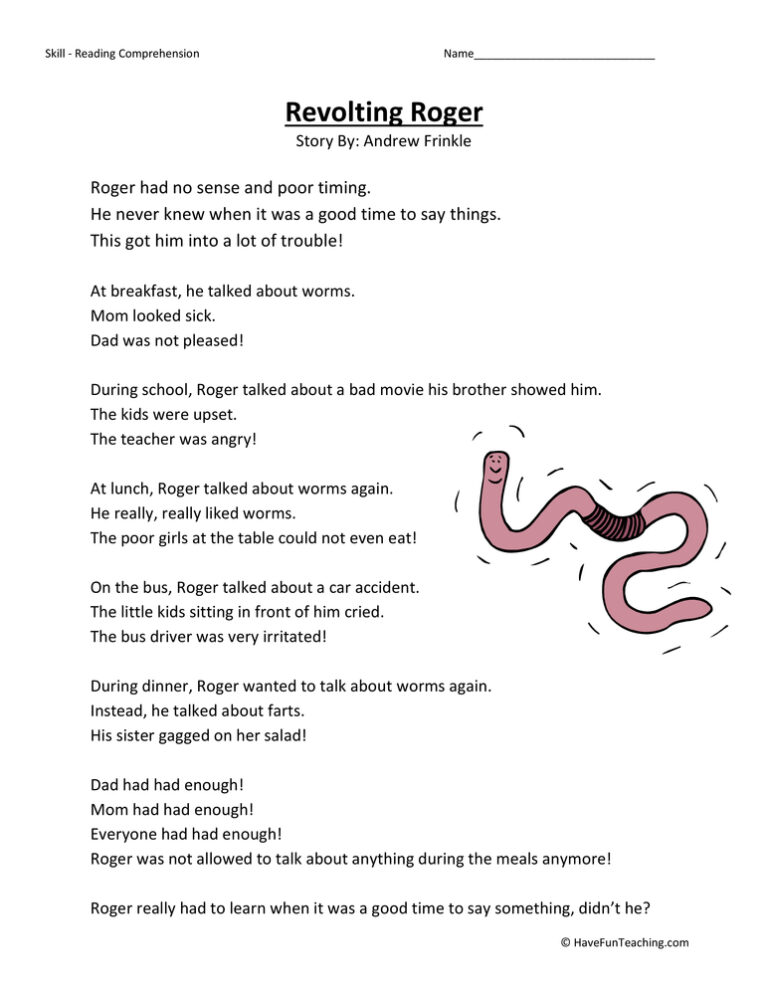 Revolting Roger Reading Comprehension Worksheet