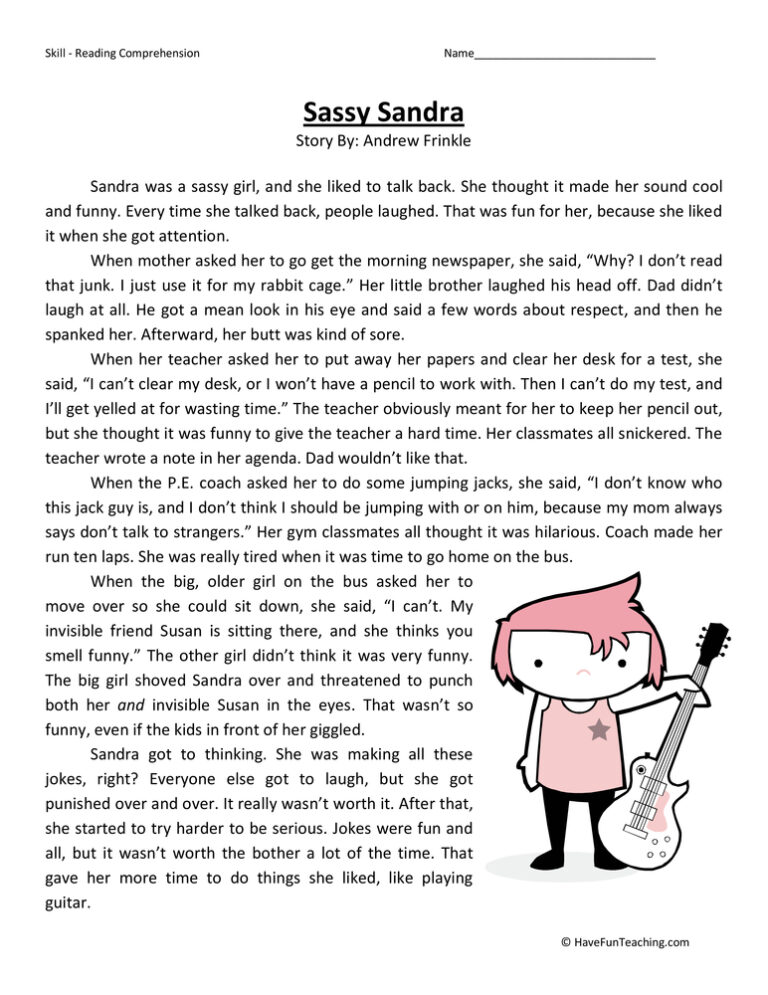 Sassy Sandra Reading Comprehension Worksheet