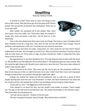Shoplifting Reading Comprehension Worksheet