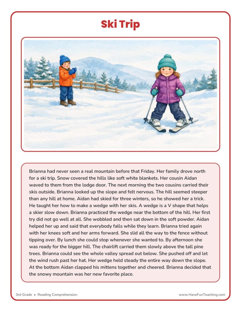 Ski Trip Reading Comprehension Worksheet