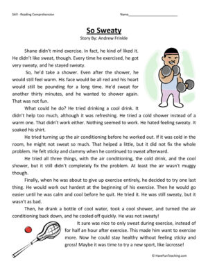 So Sweaty Reading Comprehension Worksheet