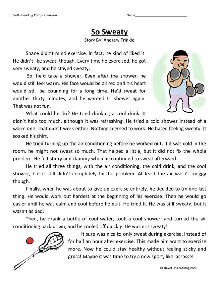 So Sweaty Reading Comprehension Worksheet