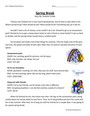 Spring Break Reading Comprehension Worksheet