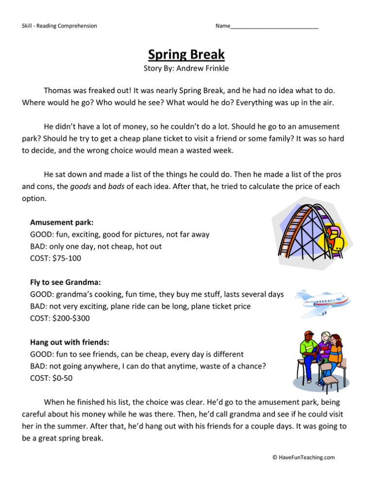 Spring Break Reading Comprehension Worksheet