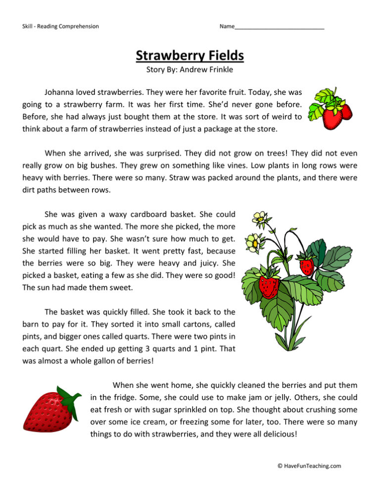 Strawberry Fields Reading Comprehension Worksheet