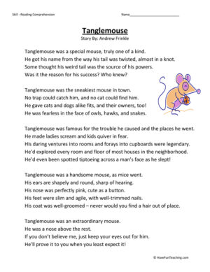 Tanglemouse Reading Comprehension Worksheet