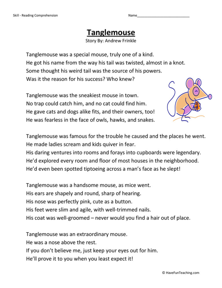 Tanglemouse Reading Comprehension Worksheet