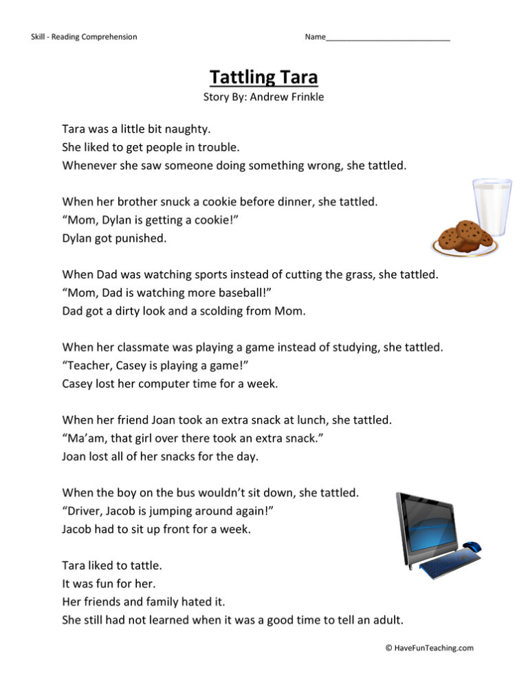 Tattling Tara Reading Comprehension Worksheet