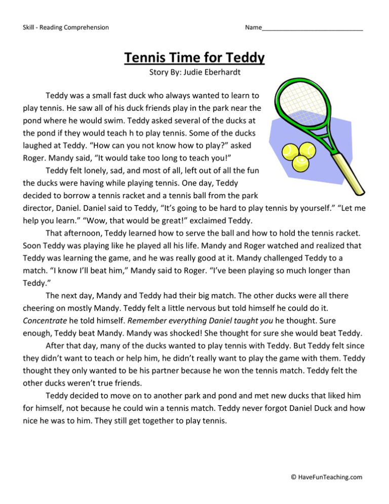 Tennis Time for Teddy Reading Comprehension Worksheet