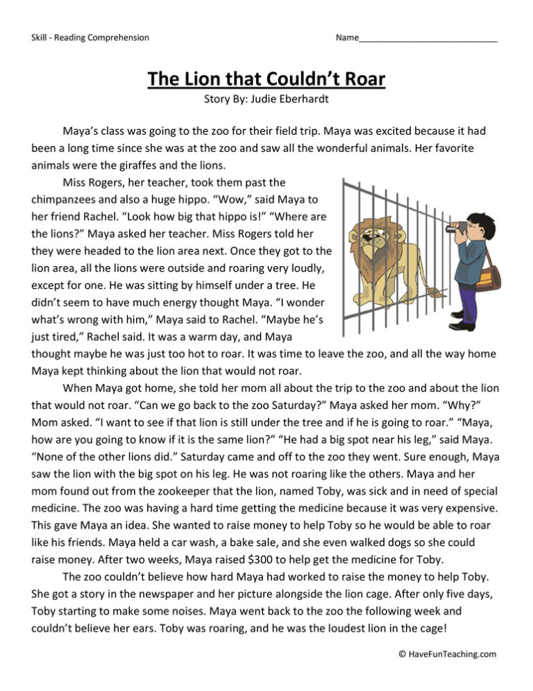 The Lion that Couldn't Roar Reading Comprehension Worksheet