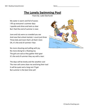 The Lonely Swimming Pool Reading Comprehension Worksheet