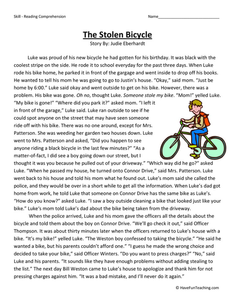 The Stolen Bicycle Reading Comprehension Worksheet