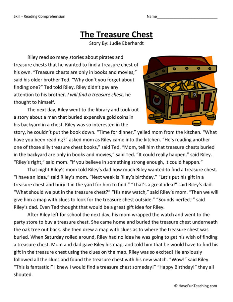 The Treasure Chest Reading Comprehension Worksheet