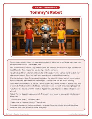 3rd Grade reading comprehension worksheet - Tommy's Robot story page