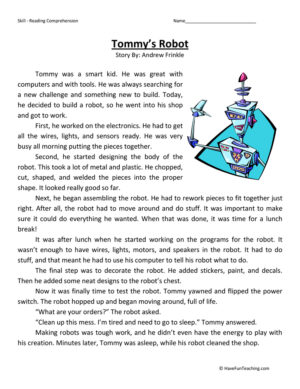 Tommy's Robot Reading Comprehension Worksheet