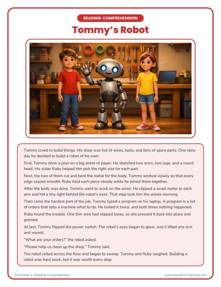 Tommy's Robot Reading Comprehension Worksheet