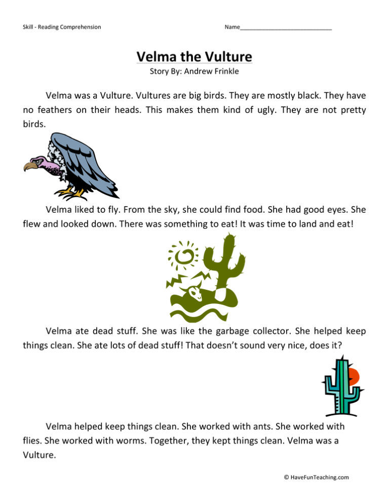 Velma the Vulture Reading Comprehension Worksheet