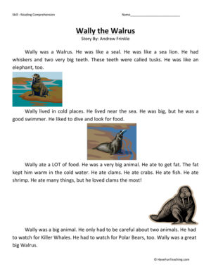 Wally the Walrus Reading Comprehension Worksheet