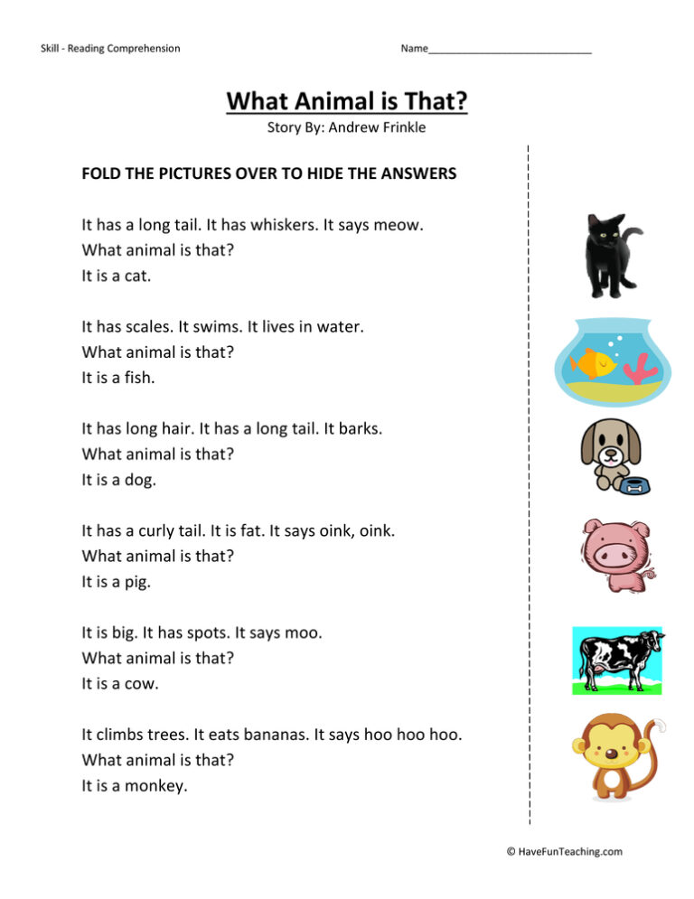 What Animal Is That Reading Comprehension Worksheet