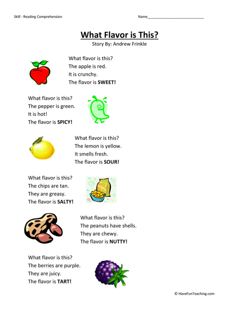 What Flavor is This Reading Comprehension Worksheet