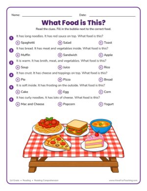1st grade reading comprehension food riddle worksheet