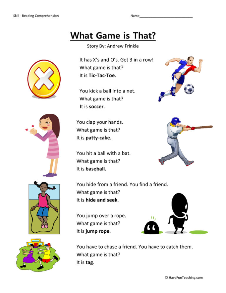 What Game is That Reading Comprehension Worksheet