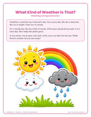What Kind of Weather is That reading comprehension worksheet for kindergarten with a weather passage