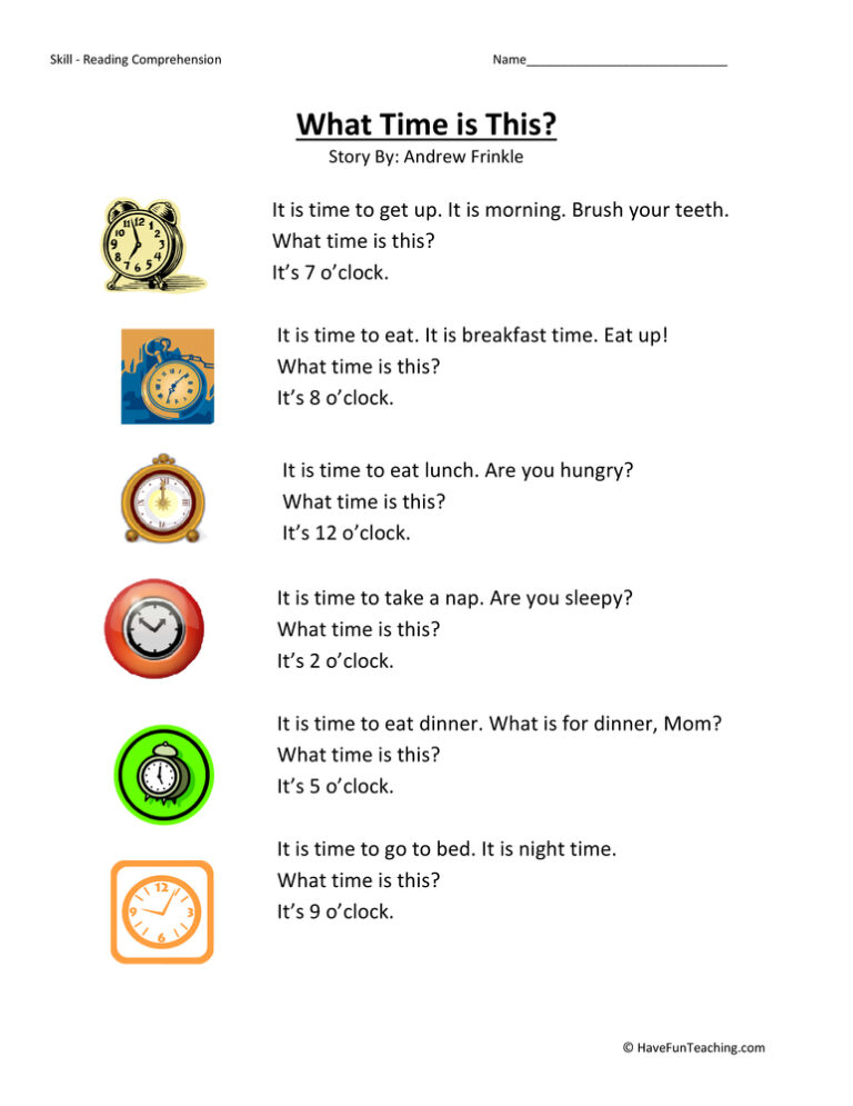 What Time is This Reading Comprehension Worksheet