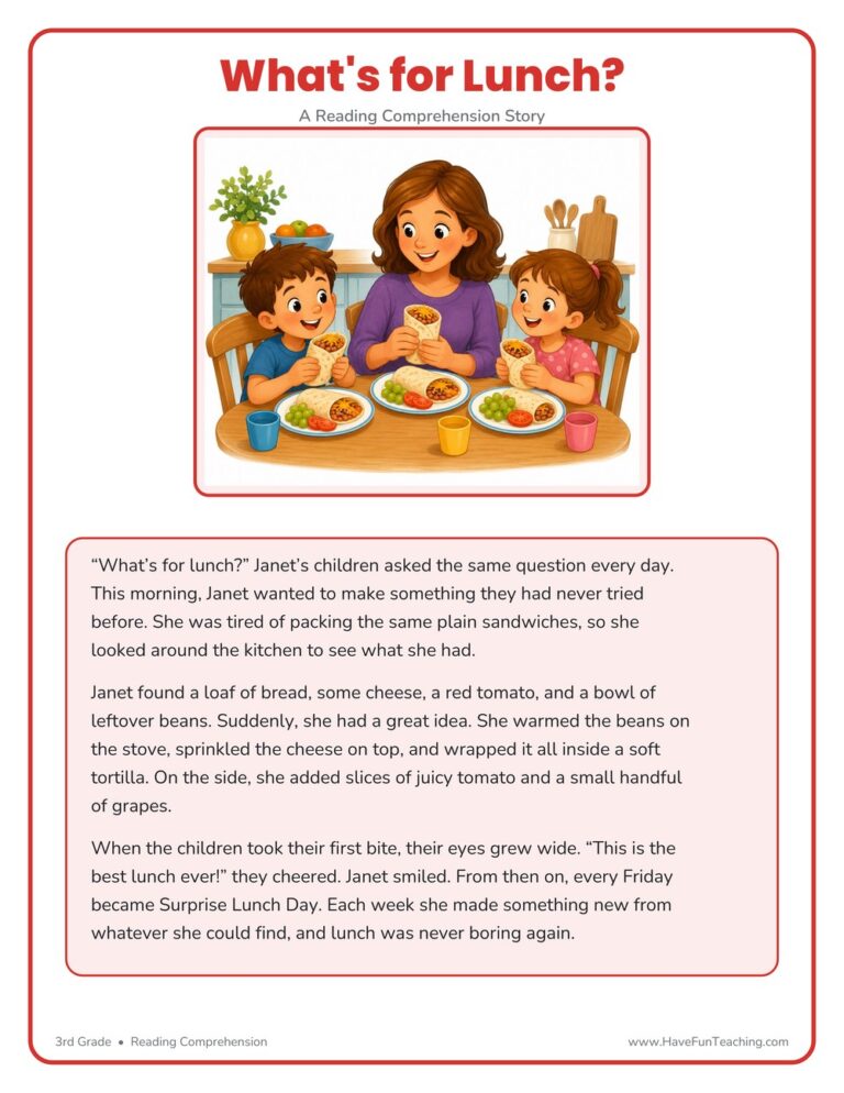 What's For Lunch? Reading Comprehension Worksheet