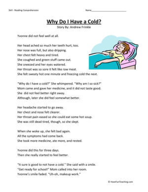Why Do I Have a Cold? Reading Comprehension Worksheet