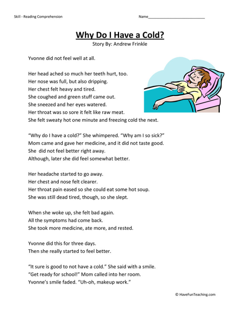 Why Do I Have a Cold? Reading Comprehension Worksheet